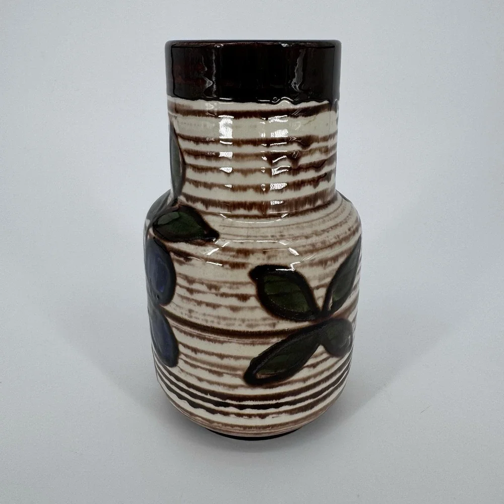 Mid Century Modern Vase Austria Blue Floral Terracotta Glaze Vintage Bohemian‎